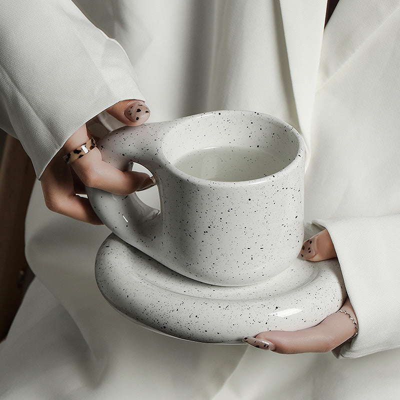 Chubby Mug and Saucer Set (Speckled White)